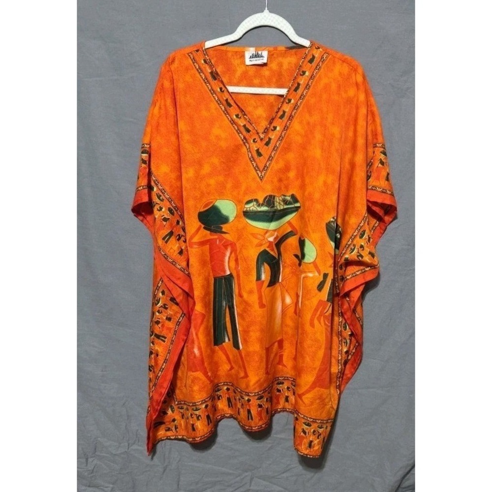 Metropolitan‎ Boho Kaftan Tunic Top Y2K Folk Art Print Orange Oversized